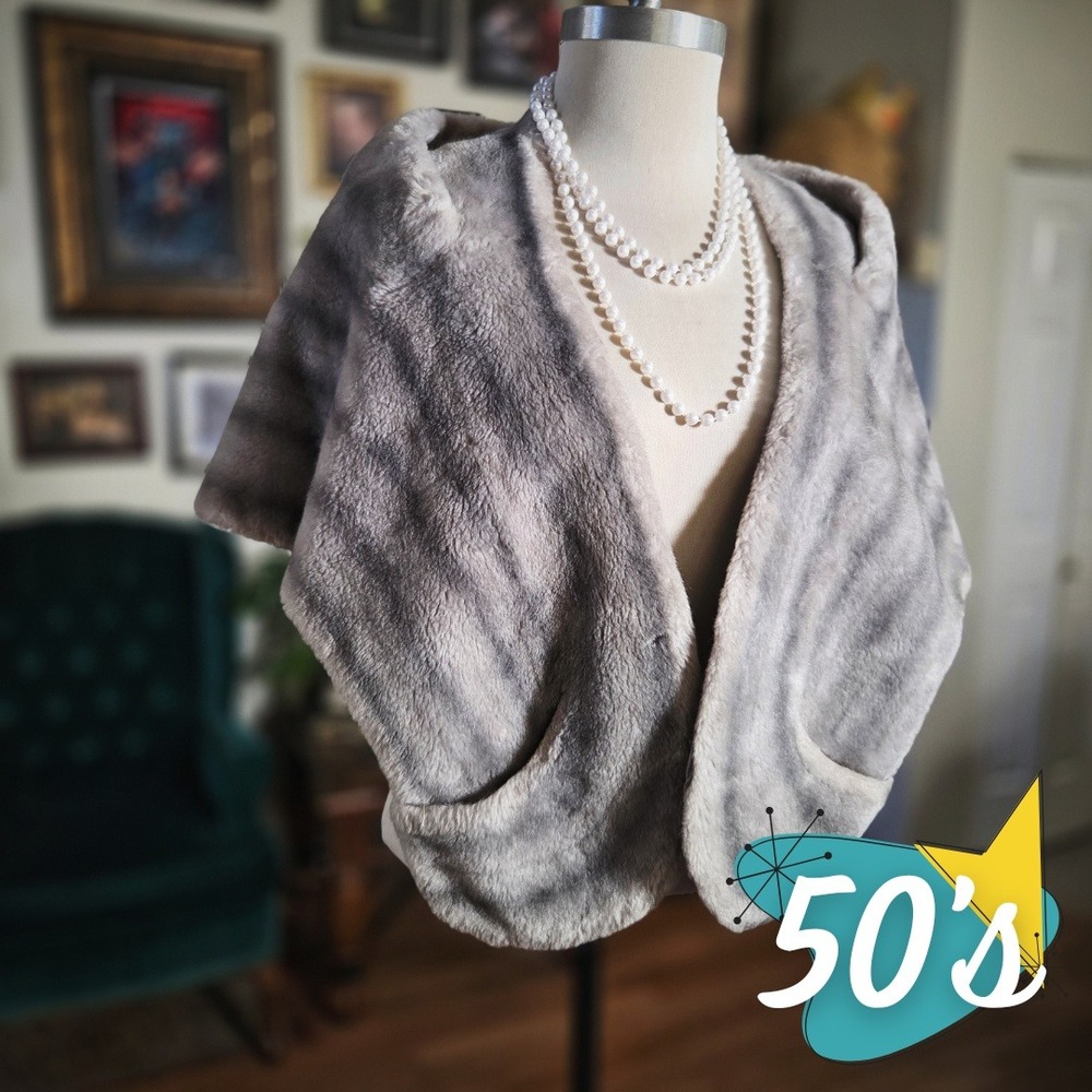 Vintage 50s Luxury Faux Fur Shawl Wrap Silver Grey Striped Evening Elegant